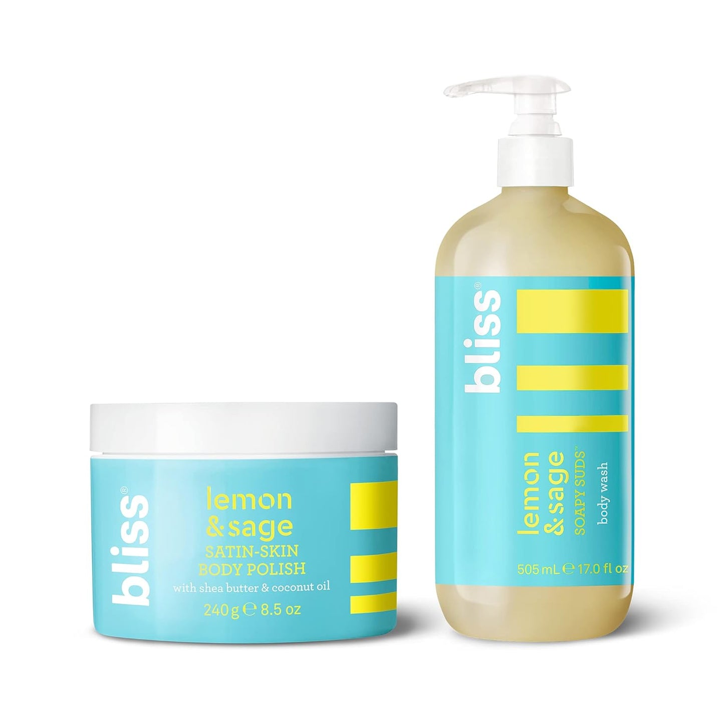 Bliss Lemon Love Exfoliating Duo: Soapy Suds Body Wash & Body Scrub with Shea Butter and Coconut Oil - Lemon and Sage - 17 Fl Oz - Gentle and Hydrating for Supremely Soft Skin