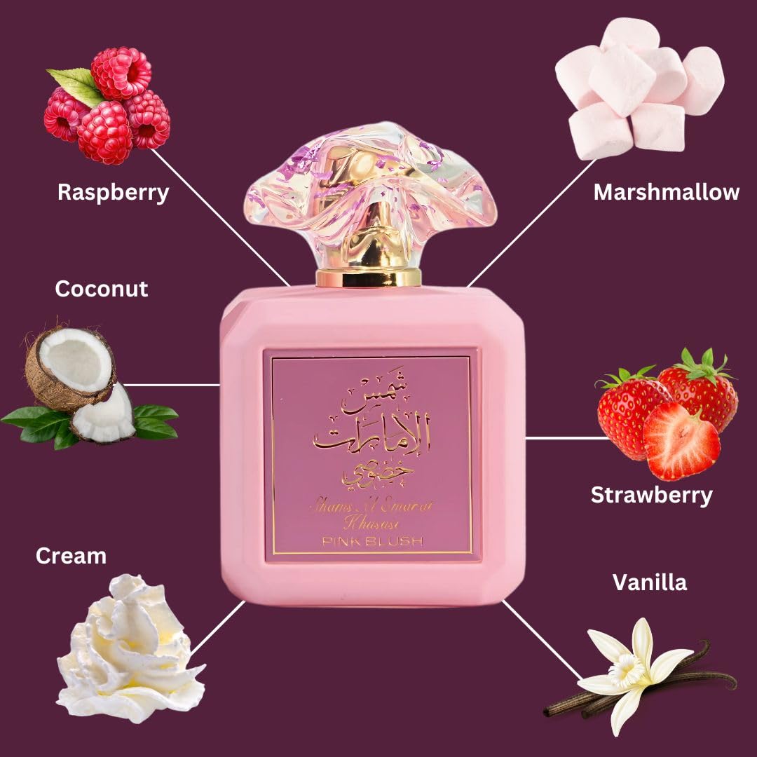 Ard al Zaafaran Pink Blush Shams Al Emarat Khususi, Marshmallow Blush Perfume For Women, Eau de Parfum - 100 ML (3.4 OZ) Romantic & Sweet Arabian Perfume - A Captivating Scent wrapped in Pink Bottle