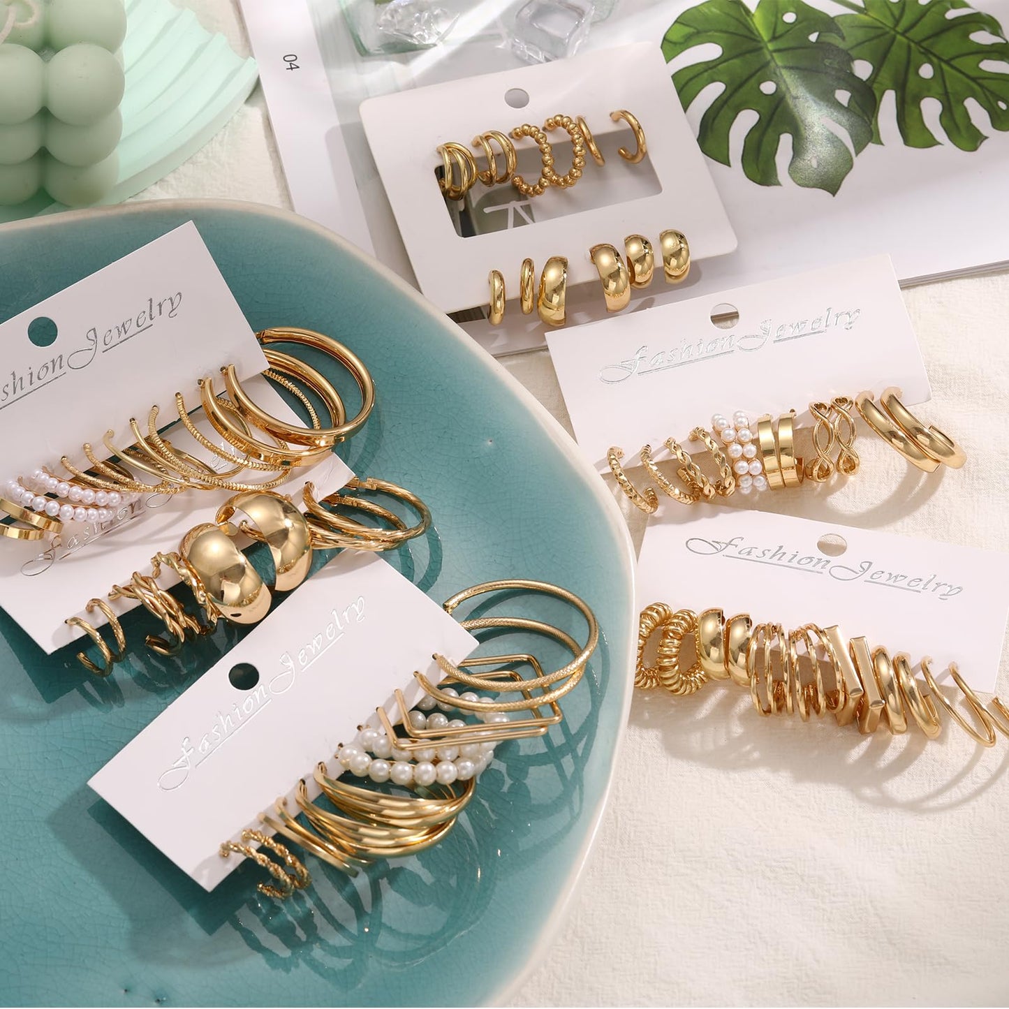 36 Pairs Gold Hoop Earrings Set for Women, Fashion Chunky Gold Hoop Earrings Multipack, Hypoallergenic Pearl Chain Twisted Statement Earring Pack for Birthday Party Jewelry