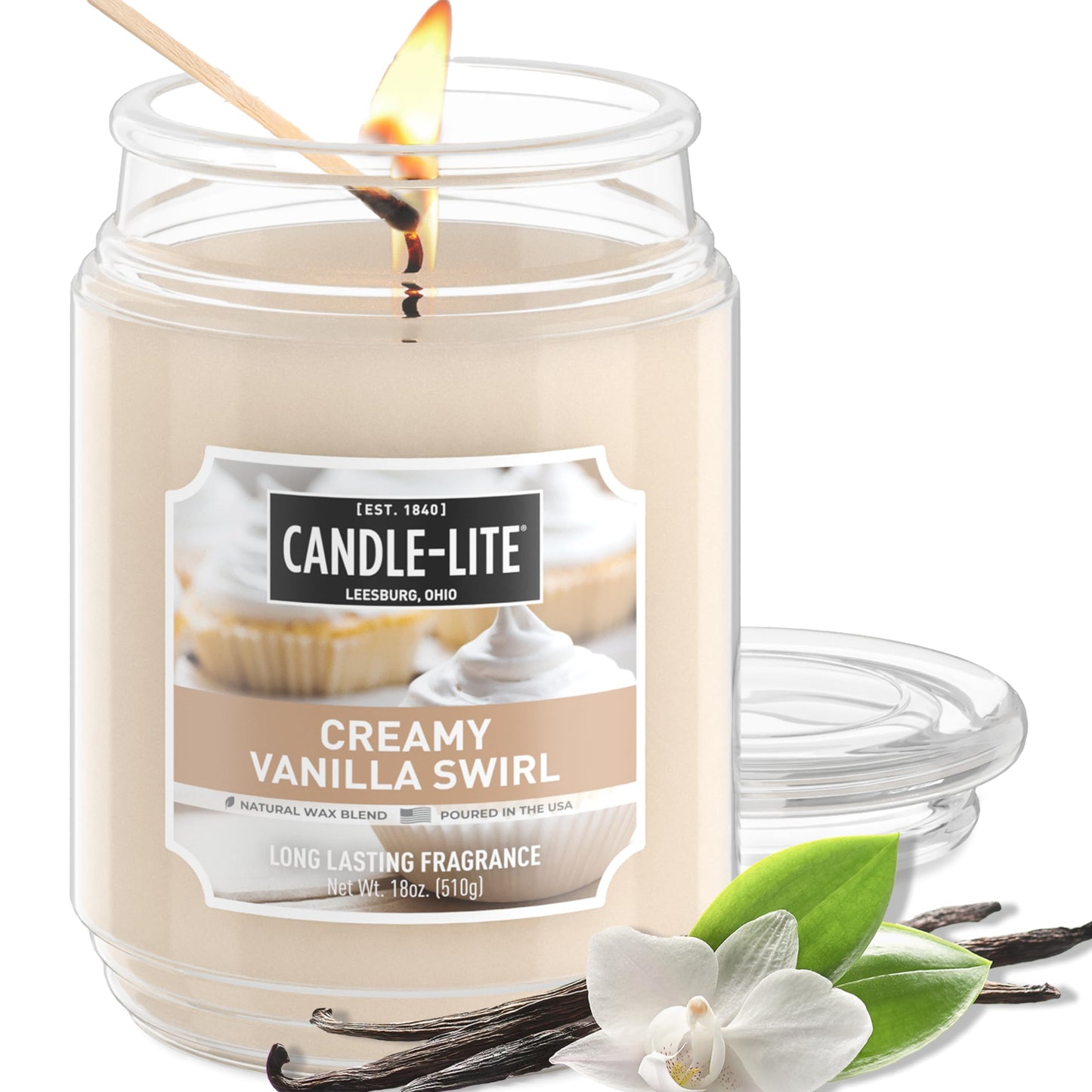 Candle-lite Scented Candles, Creamy Vanilla Swirl, 18 oz Jar, Proudly Poured in The USA, Aromatherapy Candle, Single-Wick with 110 Hours of Burn Time, Perfect for Creating a Relaxing Ambiance