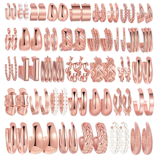 36 Pairs Gold Hoop Earrings Set for Women, Fashion Chunky Gold Hoop Earrings Multipack, Hypoallergenic Pearl Chain Twisted Statement Earring Pack for Birthday Party Jewelry