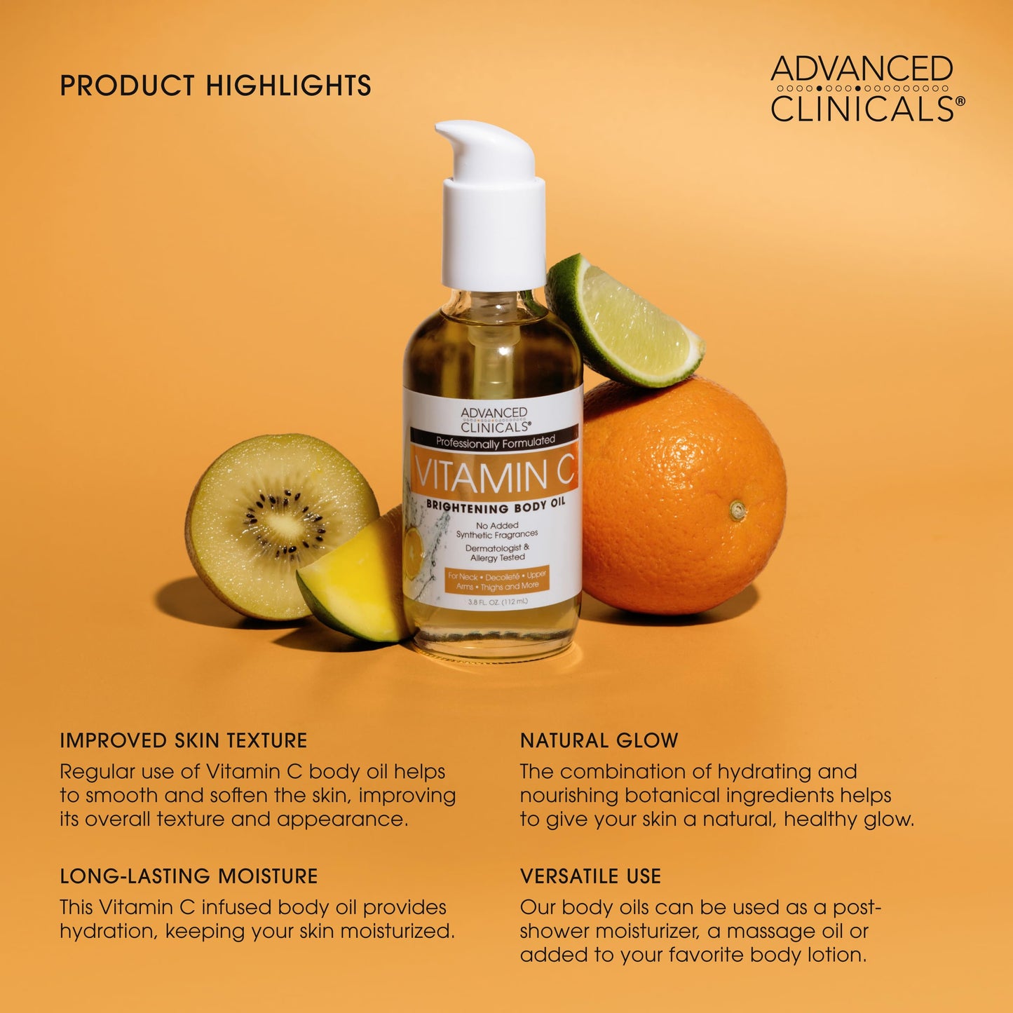 Advanced Clinicals Vitamin C Body Oil Skin Care Moisturizer W/Vitamin E & Turmeric - Nourishing, Brightening, & Hydrating Body Oil To Improve Look Of Dark Spots, Dry Skin, & Stretch Marks, 3.8 Fl Oz