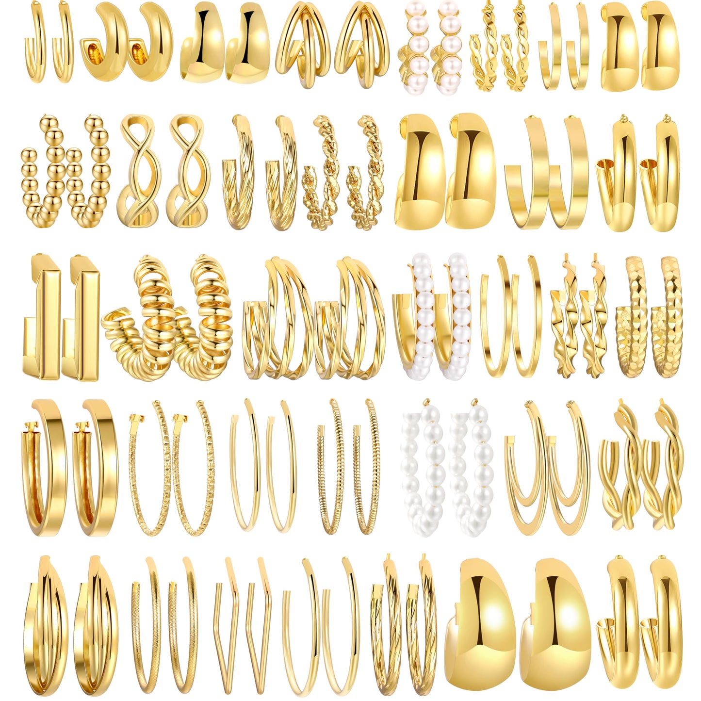 36 Pairs Gold Hoop Earrings Set for Women, Fashion Chunky Gold Hoop Earrings Multipack, Hypoallergenic Pearl Chain Twisted Statement Earring Pack for Birthday Party Jewelry